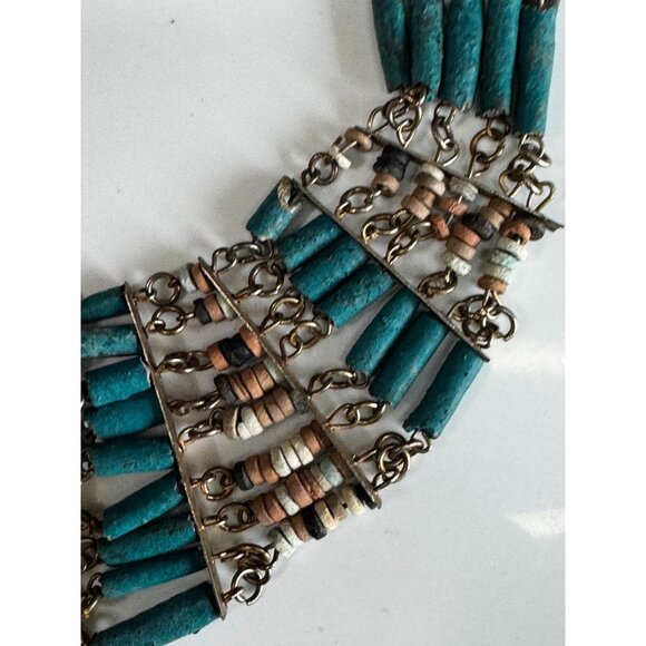 Vintage Tribal Howlite & Heishi Bead Fan Necklace With Patina Brass Chain 16" - Picture 9 of 11